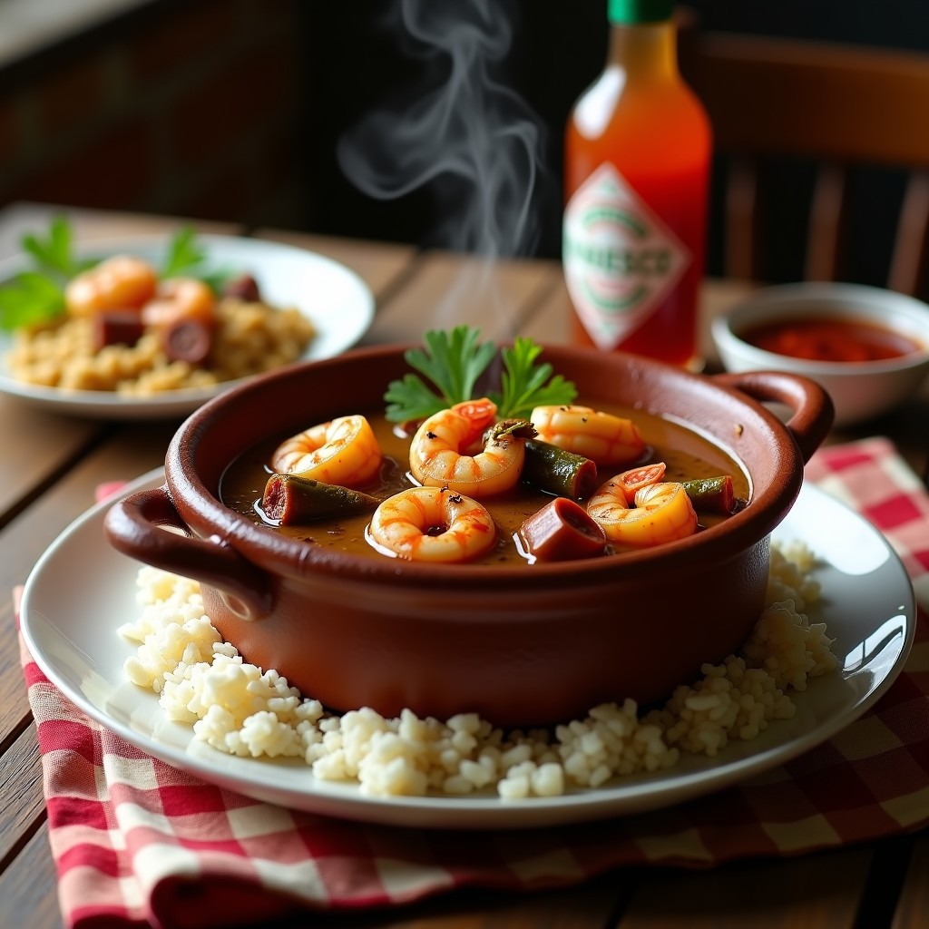 Olla de barro con gumbo creole espeso, lleno de camarones rosados, rodajas de chorizo andouille y trozos de okra, servido sobre un lecho de arroz blanco y decorado con perejil fresco.