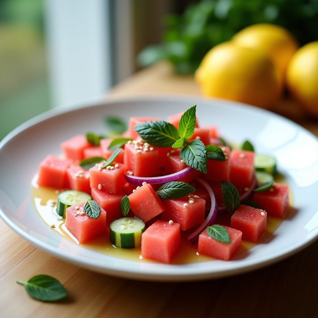 Ensalada rusa gvas de sandía y menta con vinagreta de limón, servida en un bol de cristal con hielos picados, cubos de sandía, pepino y cebolla morada, decorada con hojas de menta fresca y flor de sal ahumada.