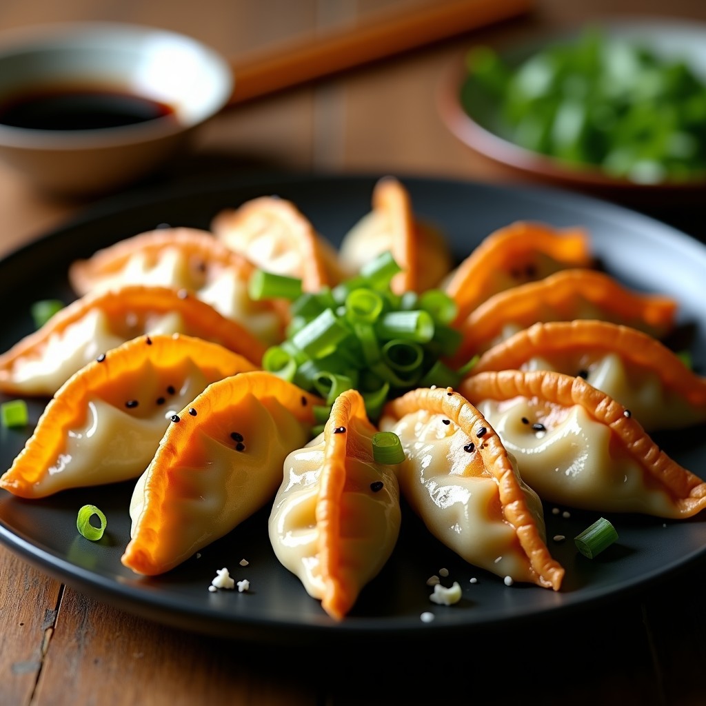 Gyoza dorados y crujientes en forma de media luna, rellenos de berenjena ahumada y queso feta, servidos en un plato negro con semillas de sésamo negro y salsa de soja. Receta japonesa en airfryer sin gluten.