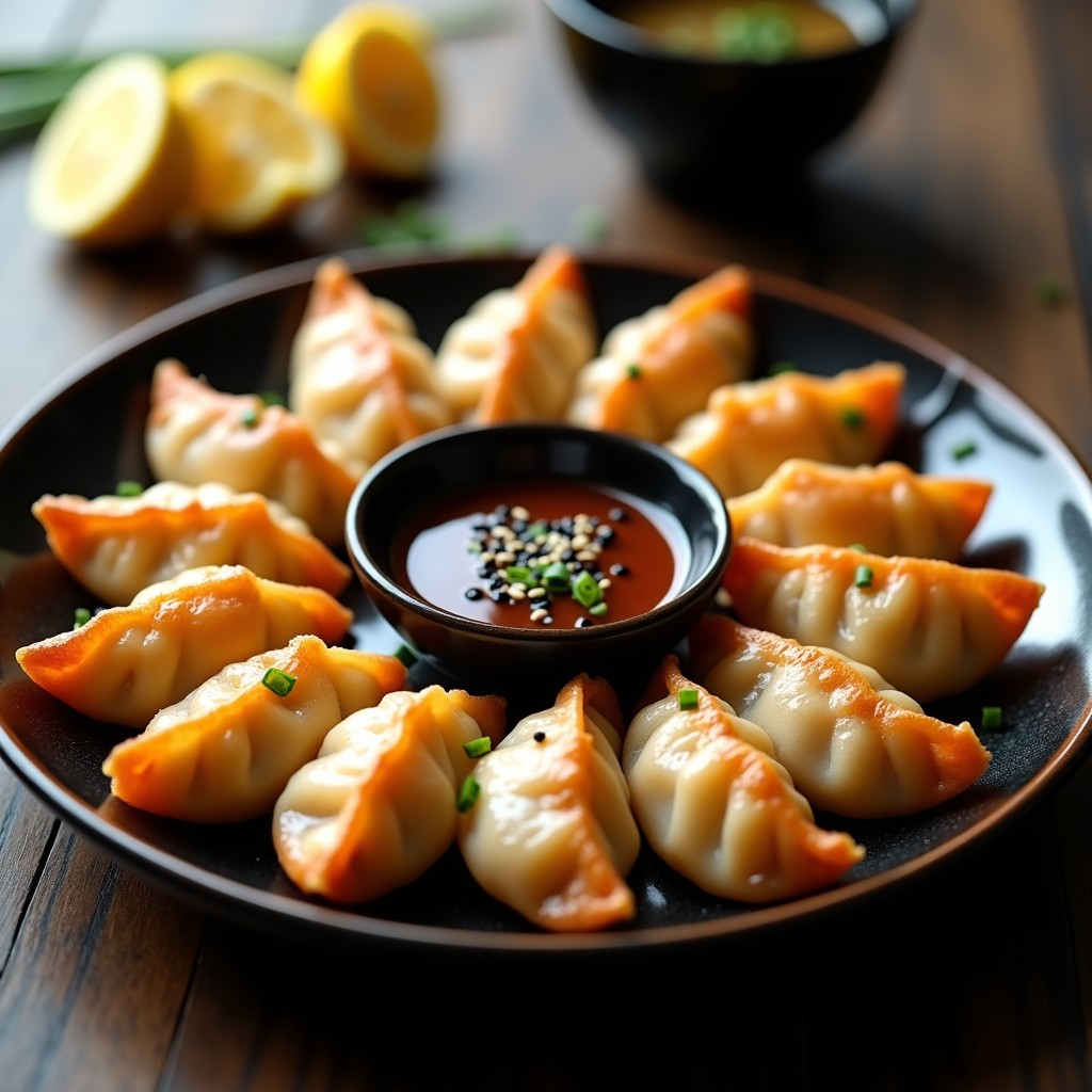 Gyoza doradas y crujientes en forma de media luna, rellenas de camarón y cítricos, servidas en un plato de cerámica negra con salsa ponzu y jengibre al lado, decoradas con rodajas de mandarina y cilantro fresco.