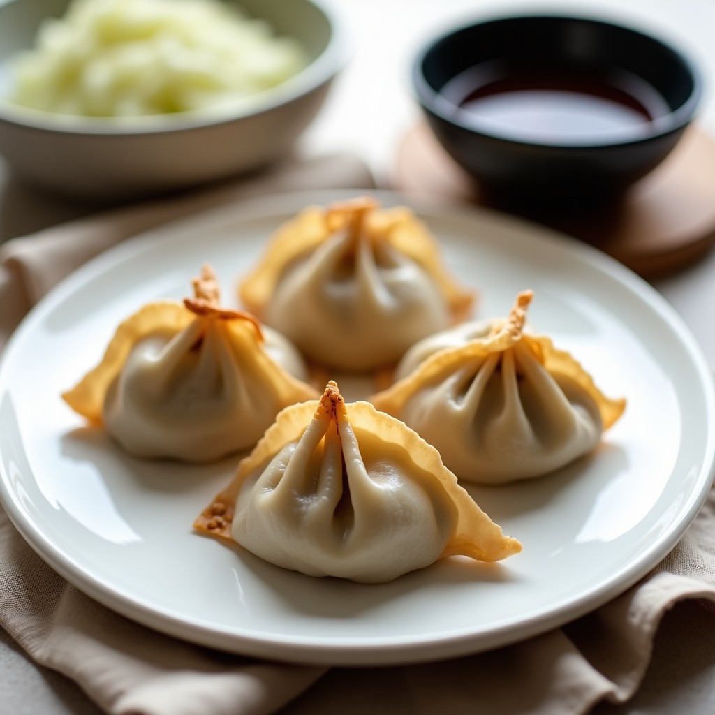 Plato blanco con gyoza de camote morado y edamame al vapor, dorados por fuera y con pliegues decorativos, espolvoreados con semillas de sésamo. Acompañados de una salsita oscura en un cuenco pequeño. Fondo minimalista con toalla de lino beige.