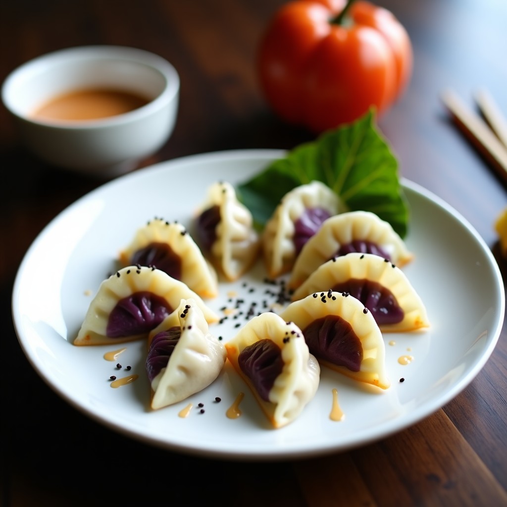 Plato blanco con gyoza de camote morado y espinacas al vapor, dispuestas en círculo sobre hojas de lechuga, acompañadas de un bol pequeño con salsa de sésamo espesa y semillas de sésamo negro y blanco por encima.