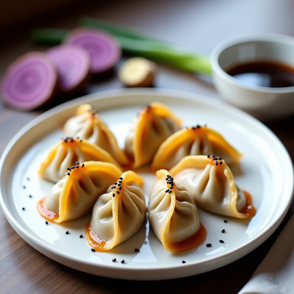 Plato blanco con gyoza de camote morado y jengibre perfectamente formadas, doradas por abajo y con pliegues característicos. Espolvoreadas con semillas de sésamo negro y servidas con un cuenco pequeño de salsa de soja. Fondo minimalista con toques de jengibre fresco y rodajas de camote morado.