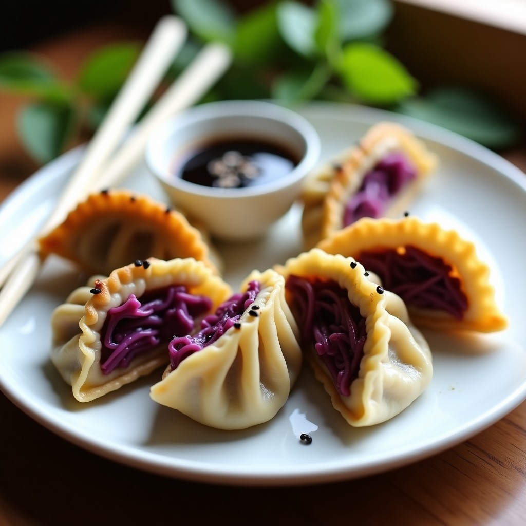 Plato blanco con gyoza keto de champiñones shitake y col morada al vapor, dispuestos en círculo con salsa de tamari oscura y semillas de sésamo negras. Fondo minimalista con tenedor de madera y hierbas frescas.