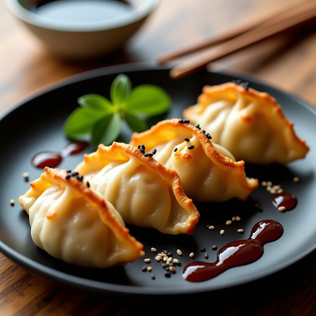 Gyoza japonesas doradas y crujientes rellenas de champiñones Portobello, servidas en un plato de cerámica negra con salsa de soja y semillas de sésamo negro espolvoreadas, receta en Airfryer sin aceite.