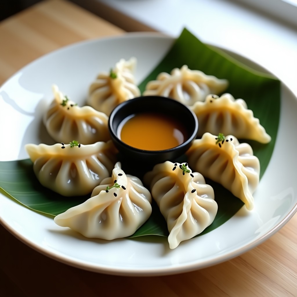 Plato blanco con gyoza al vapor de champiñones portobello y tofu ahumado, dispuestos en círculo sobre hoja de bambú, acompañados de salsa ponzu en un bol pequeño. Decorados con semillas de sésamo negro y ciboulette picada. Receta japonesa vegana y alta en proteína.