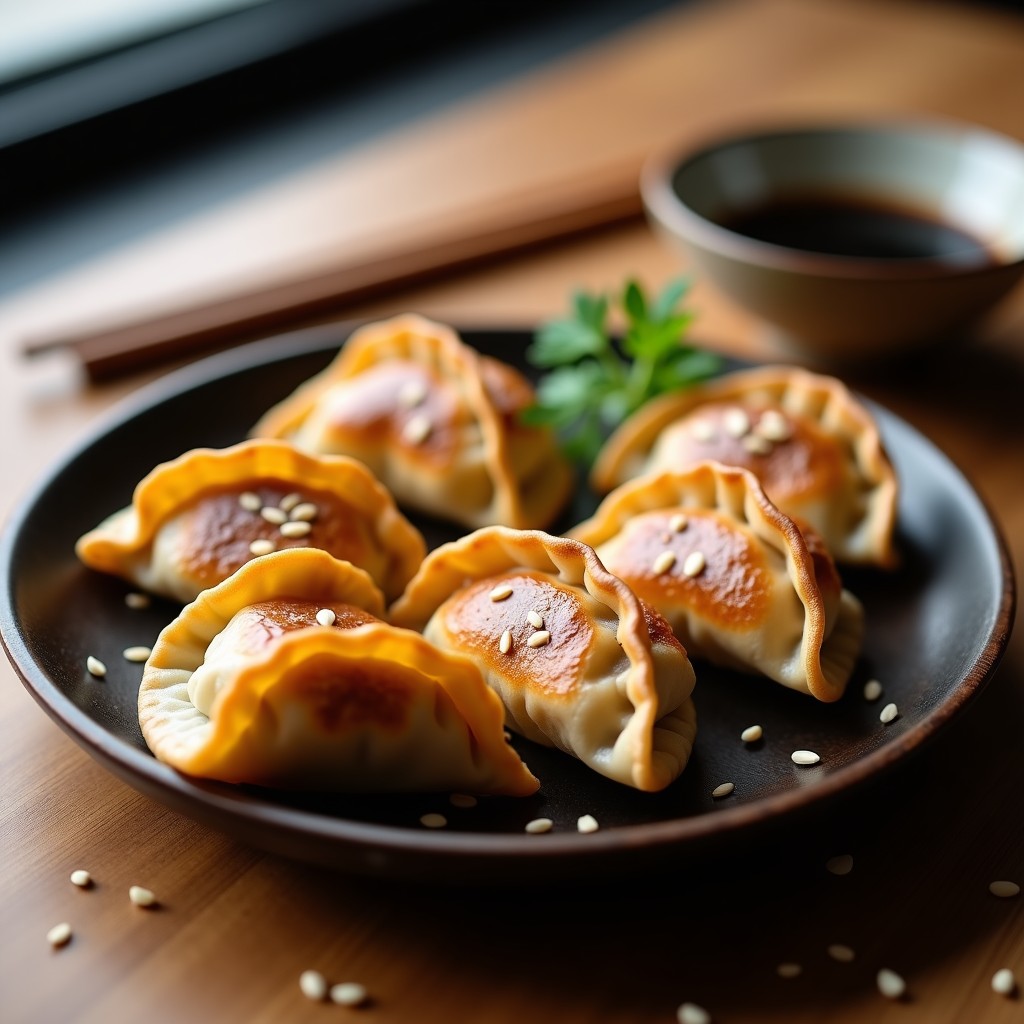 Plato de gyoza japoneses dorados y crujientes rellenos de champiñones shiitake y tofu, servidos en un plato de madera con salsa de soja y semillas de sésamo, receta vegana en airfryer sin freír.