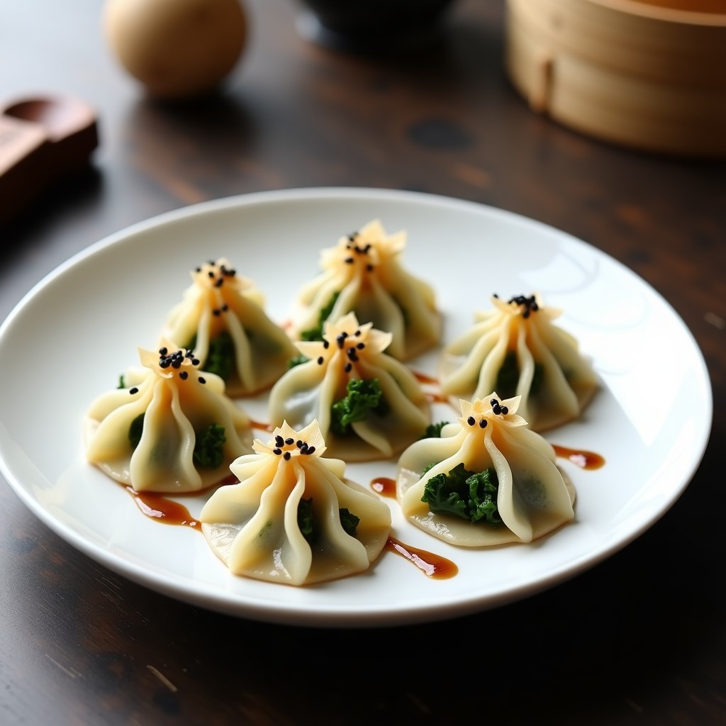 Plato blanco con gyoza de col rizada y tofu sedoso al vapor, dispuestos en círculo con salsa de sésamo negro y semillas por encima. Fondo de mesa de madera oscura con utensilios de cocina japoneses.
