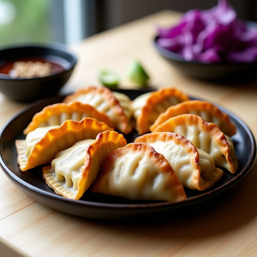 Gyoza veganas de col morada y jicama doradas y crujientes en una fuente blanca, servidas con salsa de sésamo y decoradas con semillas de sésamo tostadas.