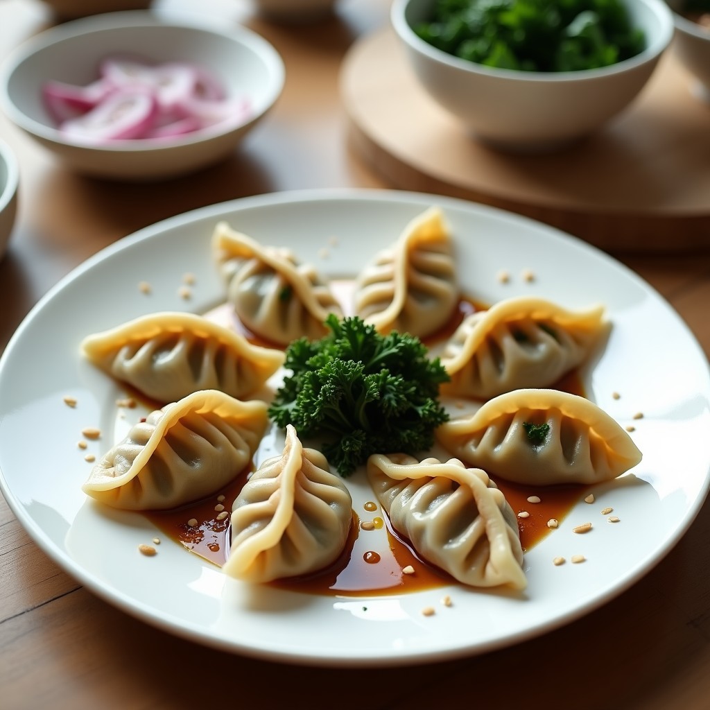 Plato blanco con gyoza al vapor sin gluten de col rizada y champiñones, dispuestas en círculo con salsa oscura y semillas de sésamo espolvoreadas, sobre fondo de madera clara.