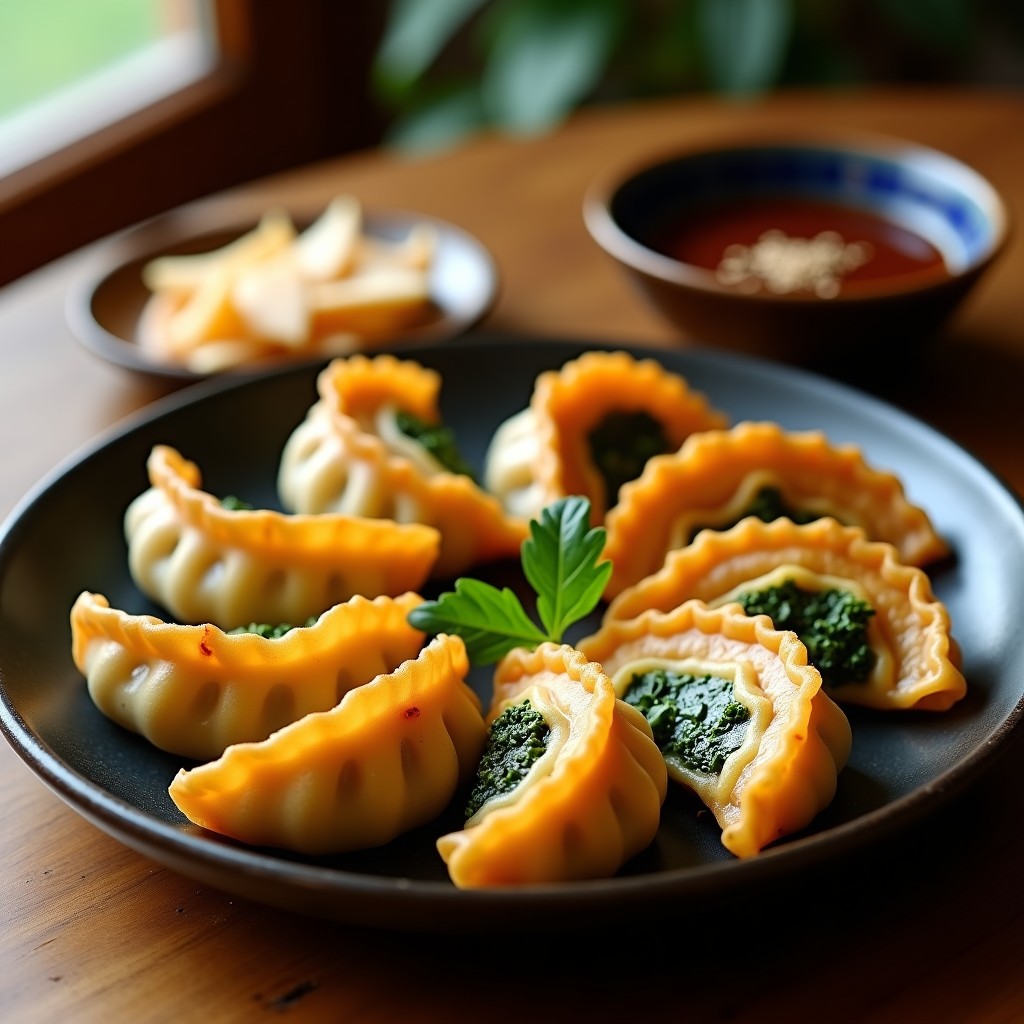 Gyoza japonesas veganas doradas y crujientes en airfryer, rellenas de col rizada y jengibre, dispuestas en un plato de madera con salsa umami y semillas de sésamo espolvoreadas.