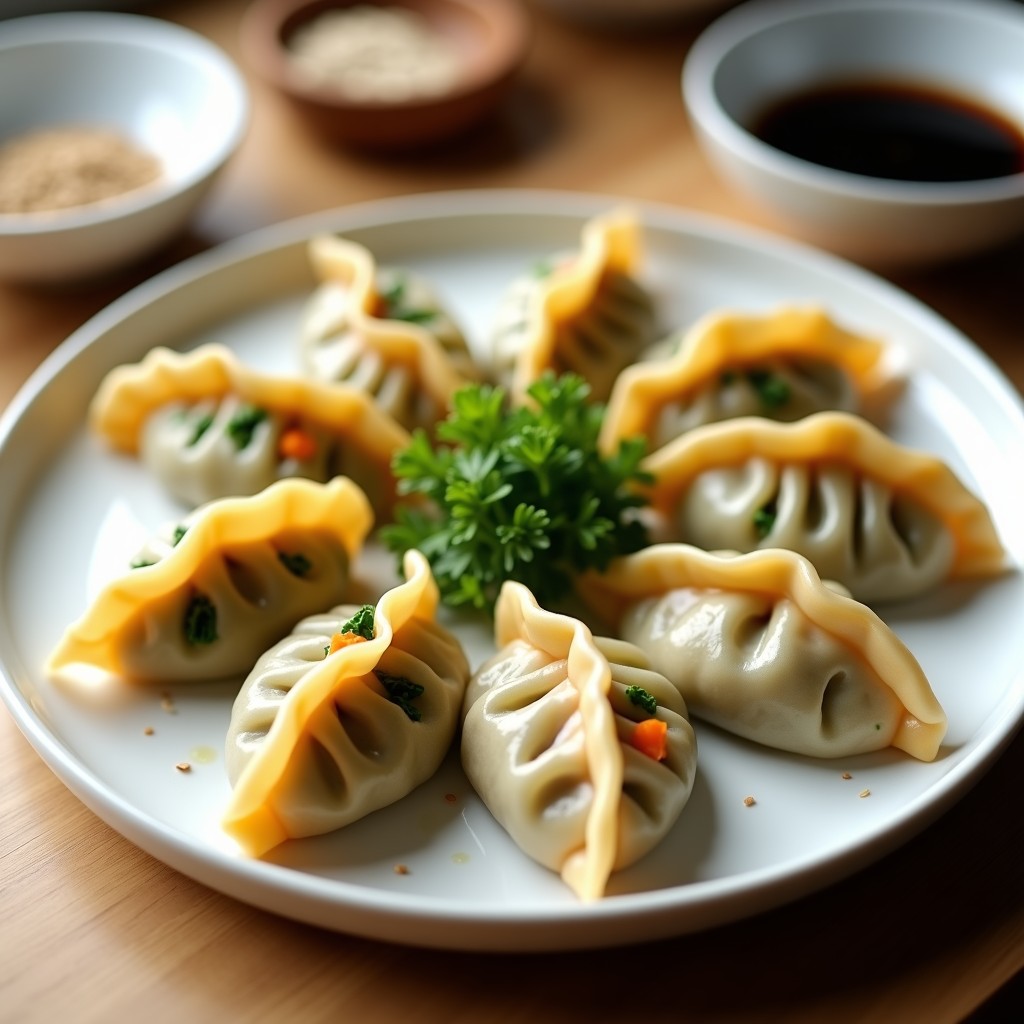 Gyoza veganas de col rizada y jengibre al vapor, dispuestas en un plato de cerámica blanca con semillas de sésamo espolvoreadas y una salsa oscura al lado, sobre un fondo de madera clara.