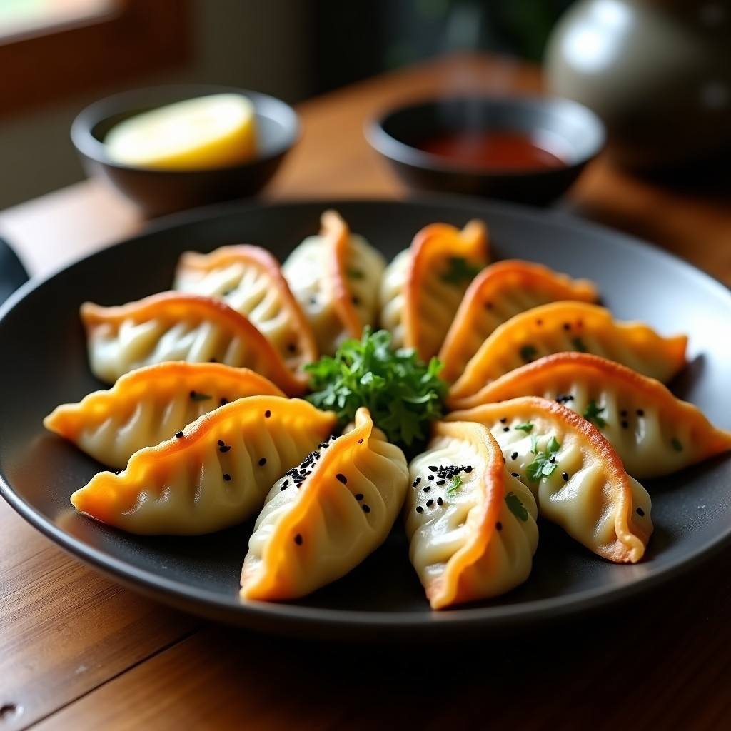 Plato blanco con gyoza doradas y crujientes de col rizada y queso de anacardos, servidas con salsa de soja y semillas de sésamo, receta en airfryer sin gluten.
