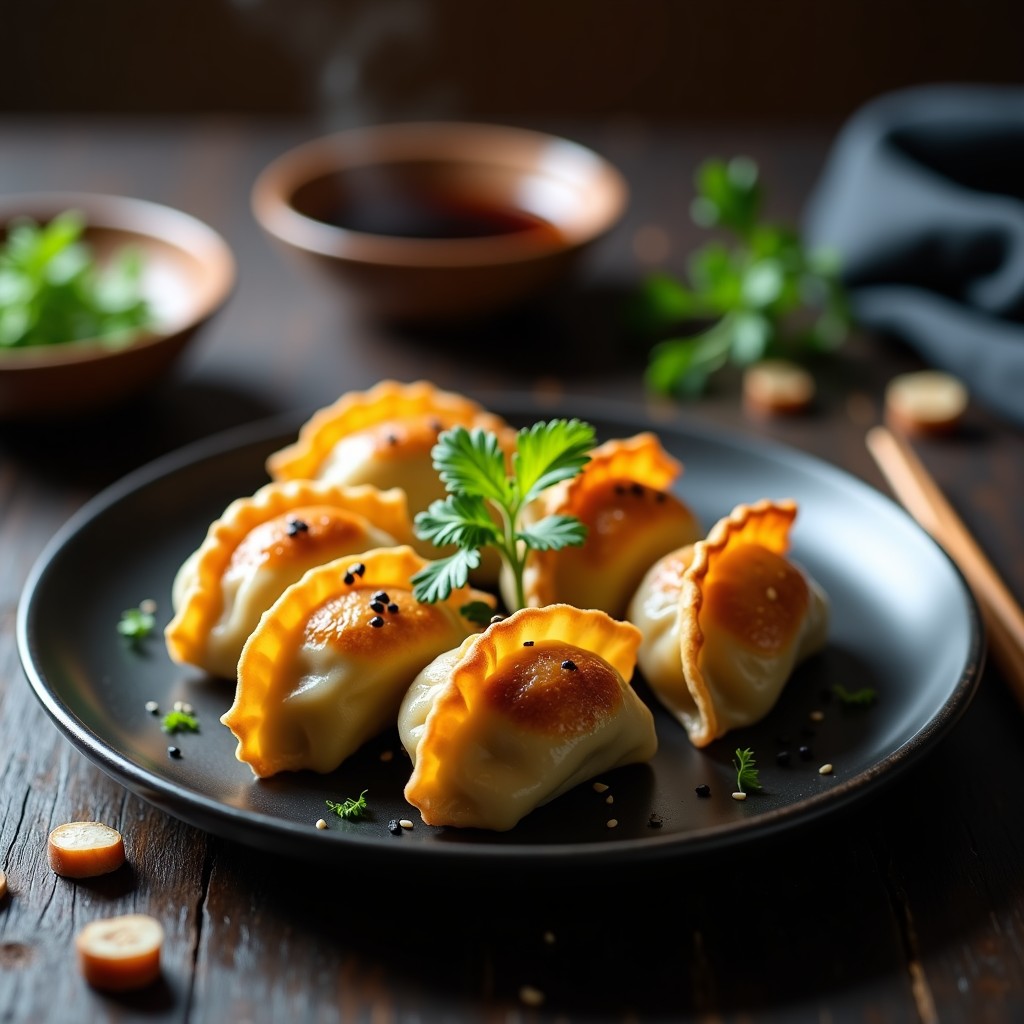 Gyoza japonesas doradas y crujientes de col rizada y shiitake en airfryer, servidas en plato de cerámica negra con salsa tamari y semillas de sésamo negro, receta sin gluten y alta en fibra.