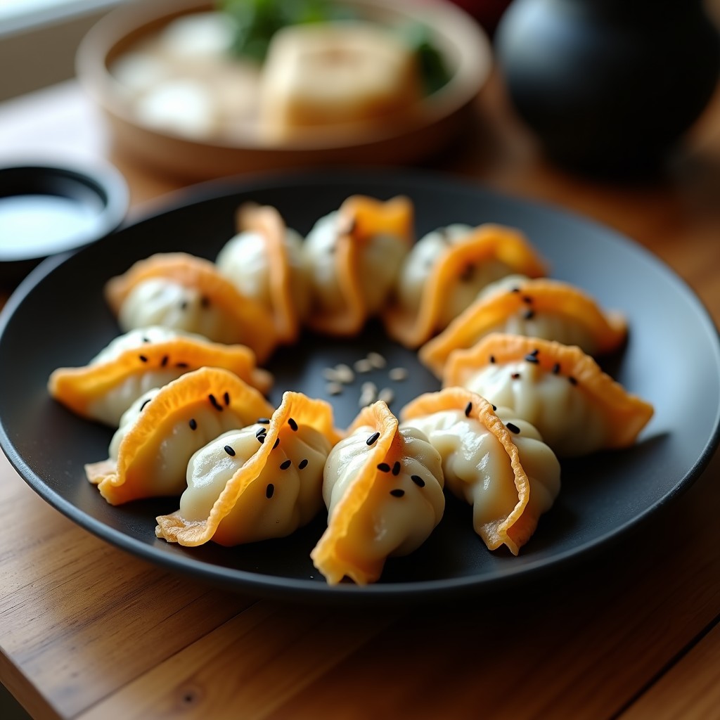 Gyoza japoneses keto dorados por debajo, con masa de almendra y coco, rellenos de col rizada y tofu ahumado, servidos en un plato negro con semillas de sésamo negro y un hilo de aceite de sésamo tostado.