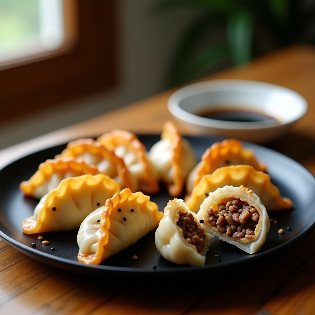 Gyoza de coliflor y carne de res Wagyu doradas y crujientes, servidas en un plato negro con semillas de sésamo negro y salsa de soja, receta japonesa en Airfryer.