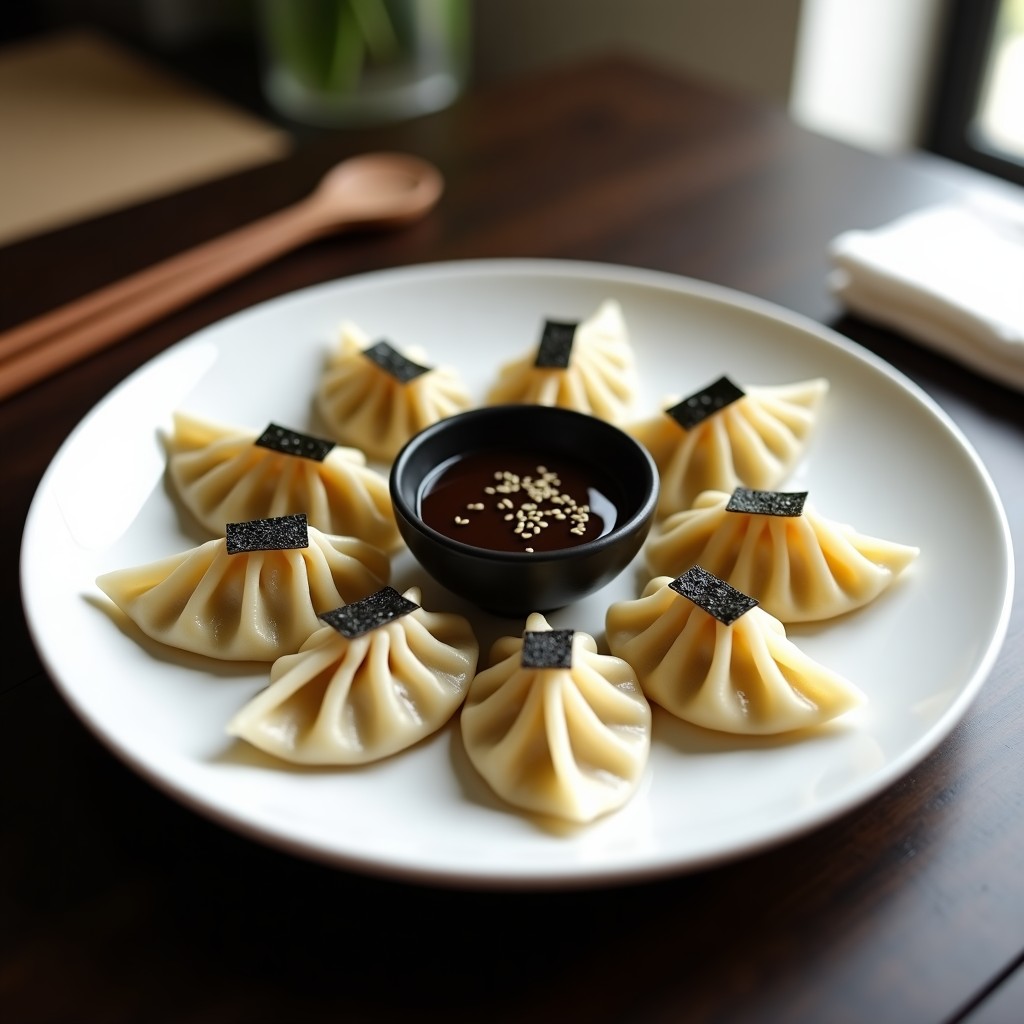 Plato blanco con gyoza de coliflor y champiñones al vapor, veganos y sin gluten, dispuestos en círculo sobre hojas de lechuga. Acompañados de un bol pequeño con dip de soja y jengibre espolvoreado con semillas de sésamo. Fondo minimalista con tenedores de madera.