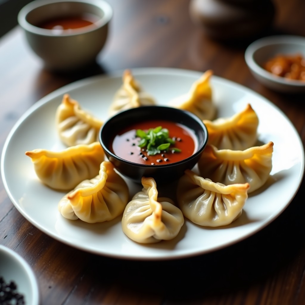 Plato blanco con gyoza de coliflor y shitake veganos al vapor, dispuestos en círculo con su base ligeramente dorada, acompañados de un bol pequeño con salsa de sésamo picante espesa y semillas de sésamo negro. Decorados con cebollino fresco picado y un fondo de vapor visible.