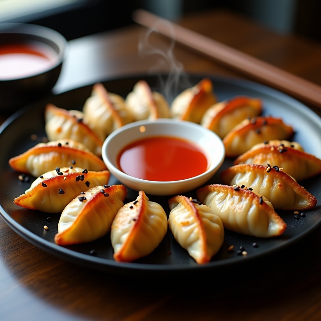 Gyoza japonesas keto de coliflor y tofu ahumado doradas y crujientes en airfryer, servidas en plato negro con salsa sriracha y semillas de sésamo, receta baja en carbohidratos.
