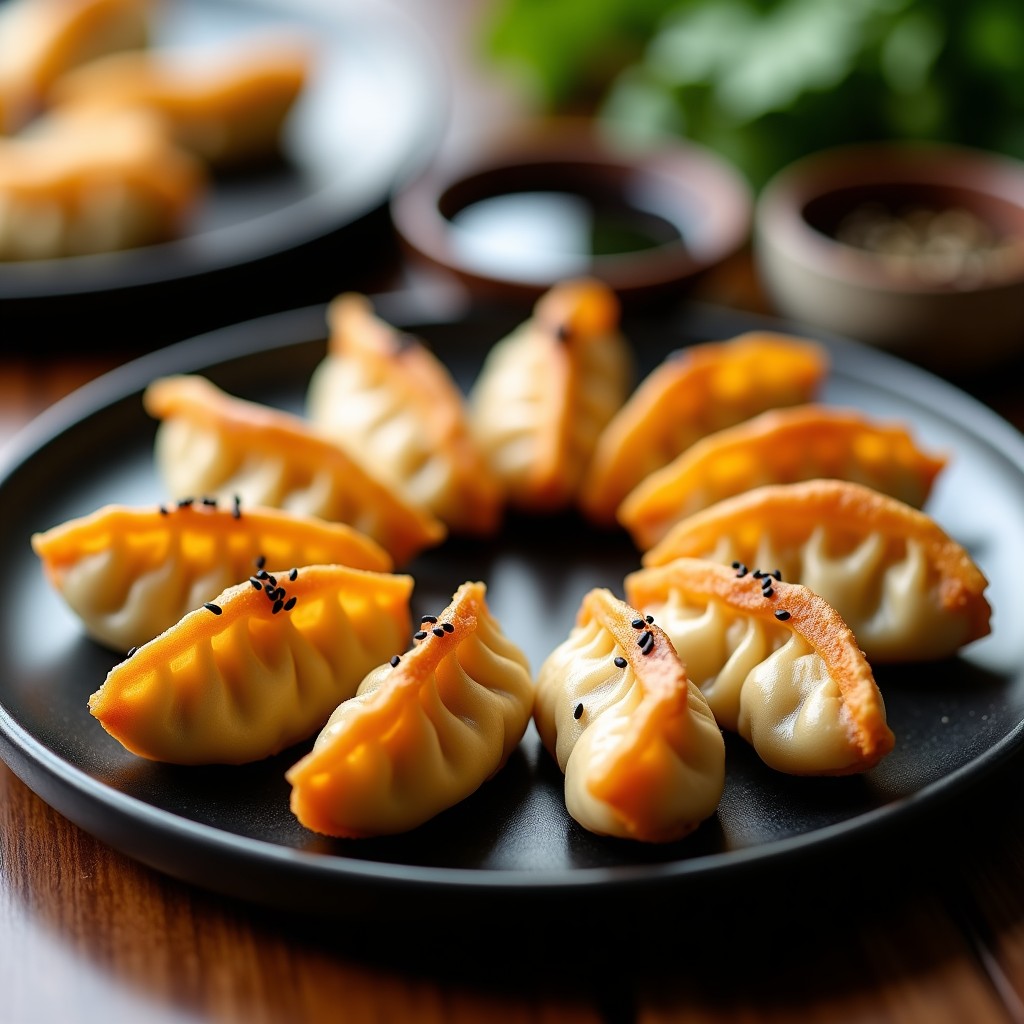Gyoza japonesas doradas y crujientes en forma de media luna, rellenas de coliflor y tofu ahumado, servidas en un plato de cerámica negra con semillas de sésamo negro espolvoreadas y salsa de soja al lado. Receta en airfryer sin aceite.