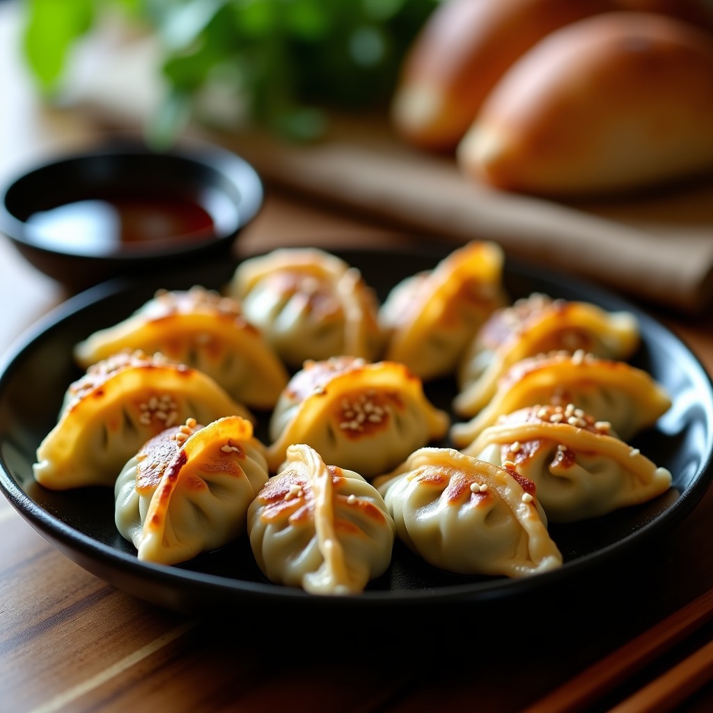 Gyoza japonesas doradas y crujientes rellenas de espinaca y queso de oveja, cocinadas en airfryer, servidas en un plato negro con semillas de sésamo y acompañadas de salsa de soja.