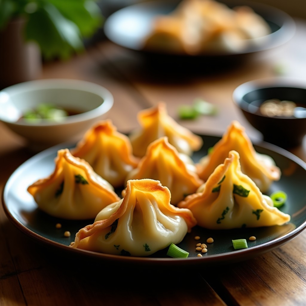 Gyoza dorados y crujientes rellenos de espinacas y queso de anacardos, servidos en un plato de cerámica negra con salsa ponzu brillante y semillas de sésamo tostadas. Receta vegana sin harina en airfryer.