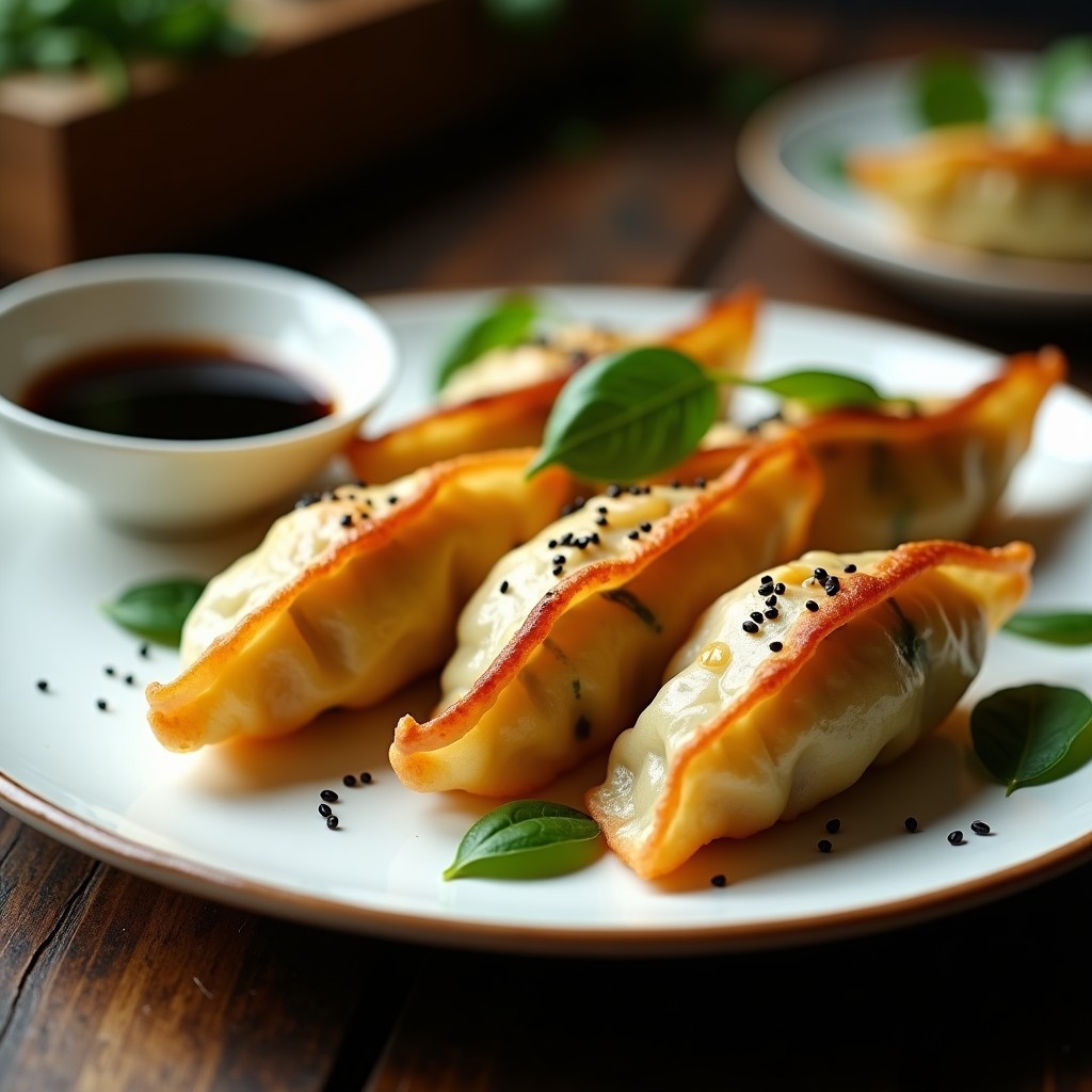 Gyoza vegano dorado y crujiente en airfryer, relleno de espinacas y queso feta vegano, con semillas de sésamo negro, servido en plato de cerámica blanca con salsa de soja al lado.