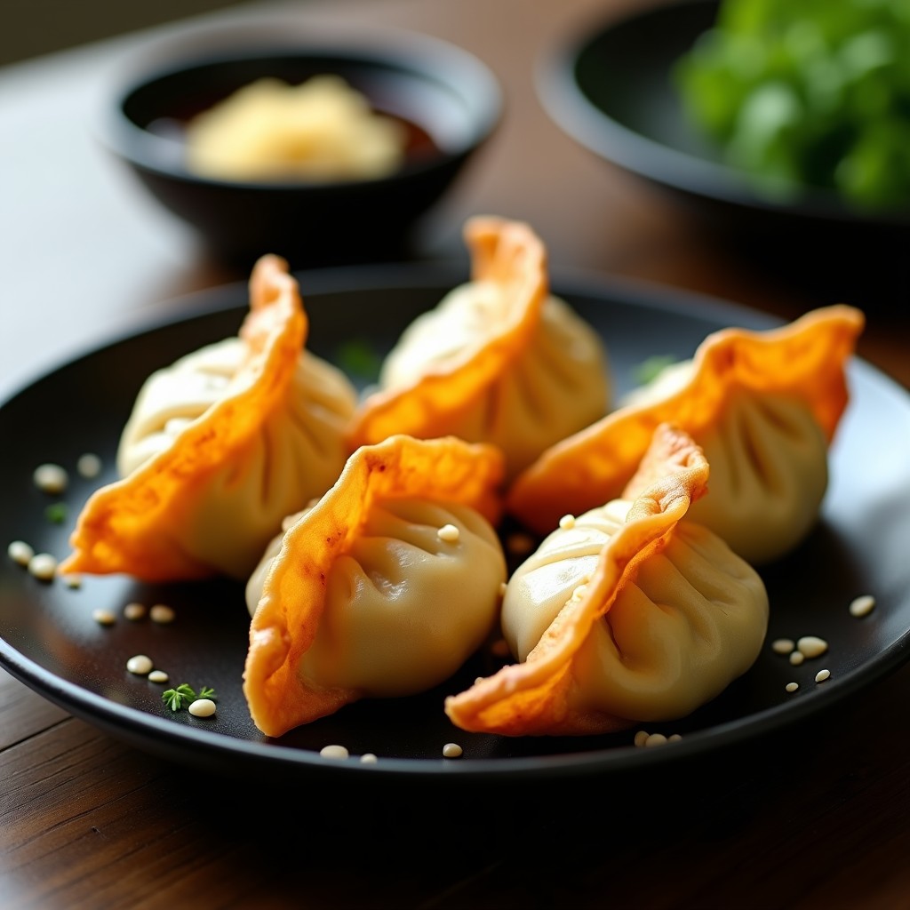Gyoza de garbanzos y cilantro doradas y crujientes, servidas en un plato de cerámica negra con semillas de sésamo espolvoreadas, acompañadas de una salsa oscura de soja y jengibre. Receta japonesa vegana en airfryer sin fritura.