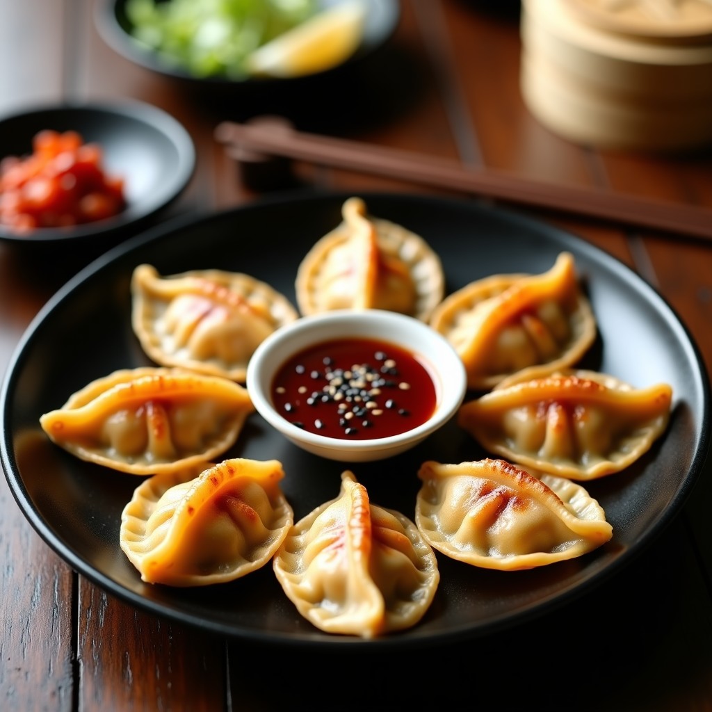 Gyoza veganas de garbanzos y repollo morado doradas en airfryer, con pliegues perfectos y salsa picante de tahini y sriracha espolvoreada con semillas de sésamo negro, servidas en un plato de cerámica blanca.