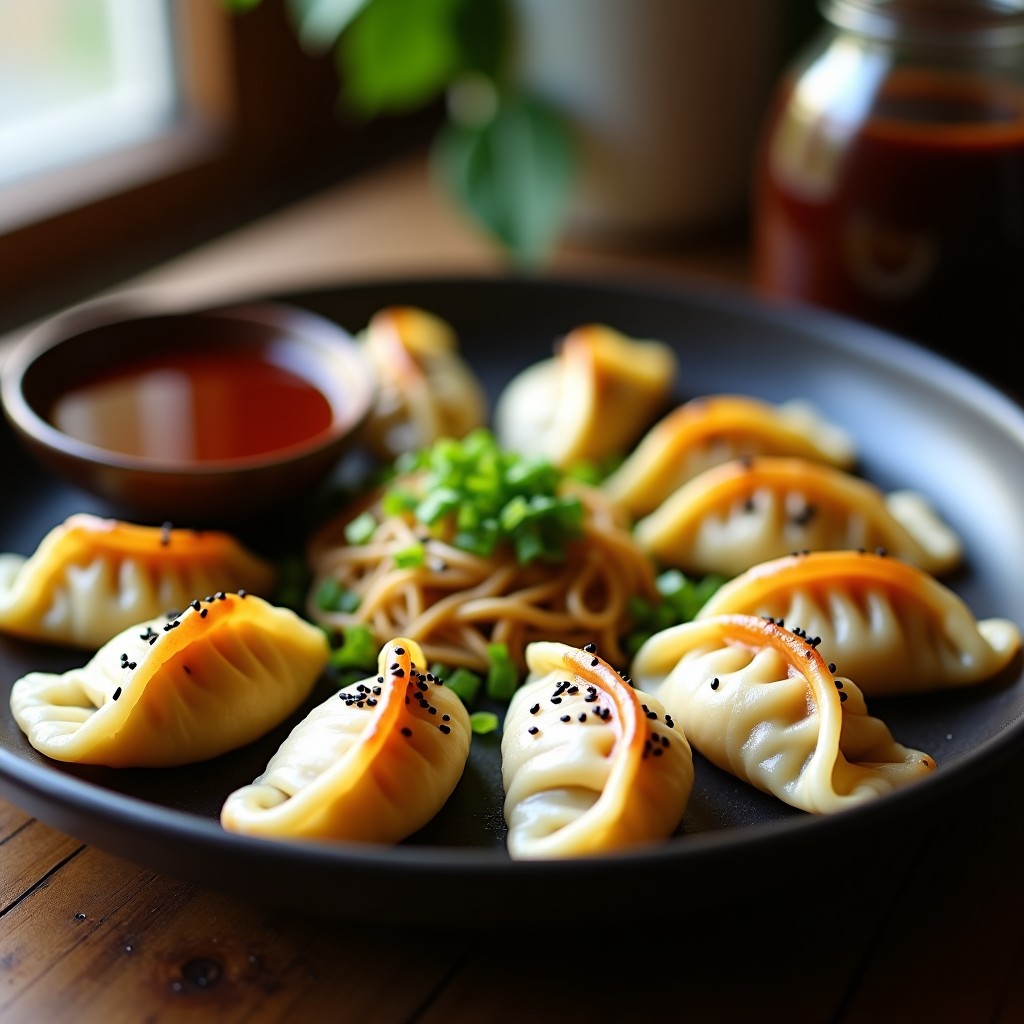 Gyoza de hongos portobello y queso vegano al vapor en airfryer, con salsa teriyaki brillante, servidos en plato de madera oscuro con semillas de sésamo negro y cebollino picado.