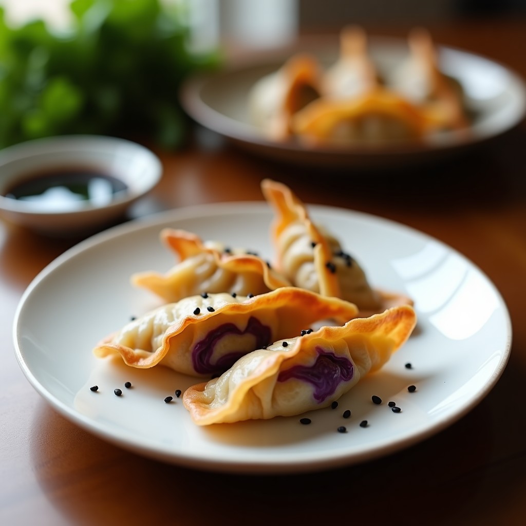 Gyoza dorados y crujientes de hongos ostra y repollo morado, dispuestos en un plato de cerámica blanca con semillas de sésamo negro espolvoreadas, acompañados de una salsa oscura en un cuenco pequeño. Receta japonesa en airfryer sin freír.