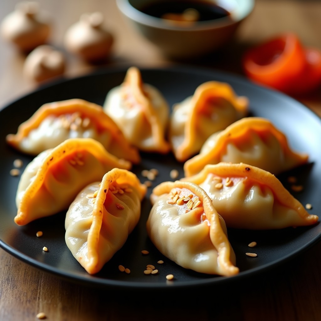 Gyoza dorados y crujientes en forma de media luna, rellenos de hongos shiitake y kimchi, servidos en un plato negro con semillas de sésamo espolvoreadas y salsa de soja al lado. Receta de gyoza vegano picante en airfryer.