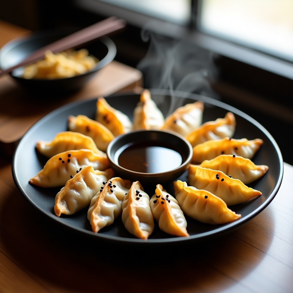 Gyoza veganos dorados y crujientes en airfryer, rellenos de hongos shiitake y tofu, dispuestos en círculo sobre un plato negro con semillas de sésamo negro y salsa tamari al lado, receta japonesa sin aceite.