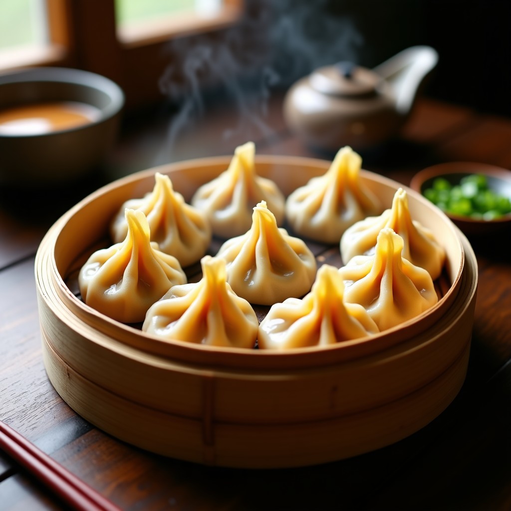 Gyoza vegana al vapor con relleno de jackfruit y cacahuete, servidas en una vaporera de bambú sobre una mesa de madera. Las gyoza tienen un brillo sedoso y se acompañan de una salsa oscura en un cuenco pequeño, decoradas con hojas de cilantro fresco y rodajas de lima.