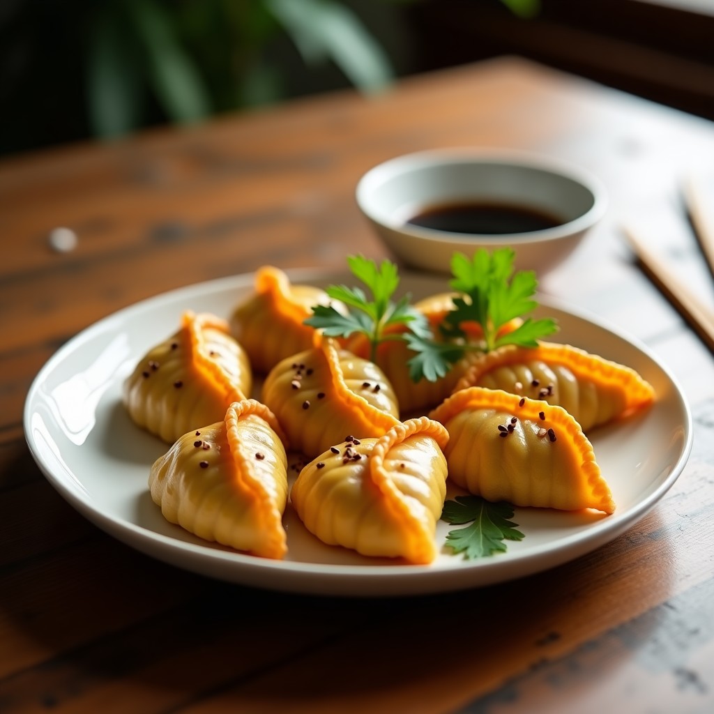 Gyoza veganos dorados y crujientes rellenos de jackfruit y cúrcuma, dispuestos en un plato de cerámica blanca con semillas de sésamo y cilantro fresco. Receta japonesa en airfryer sin aceite.