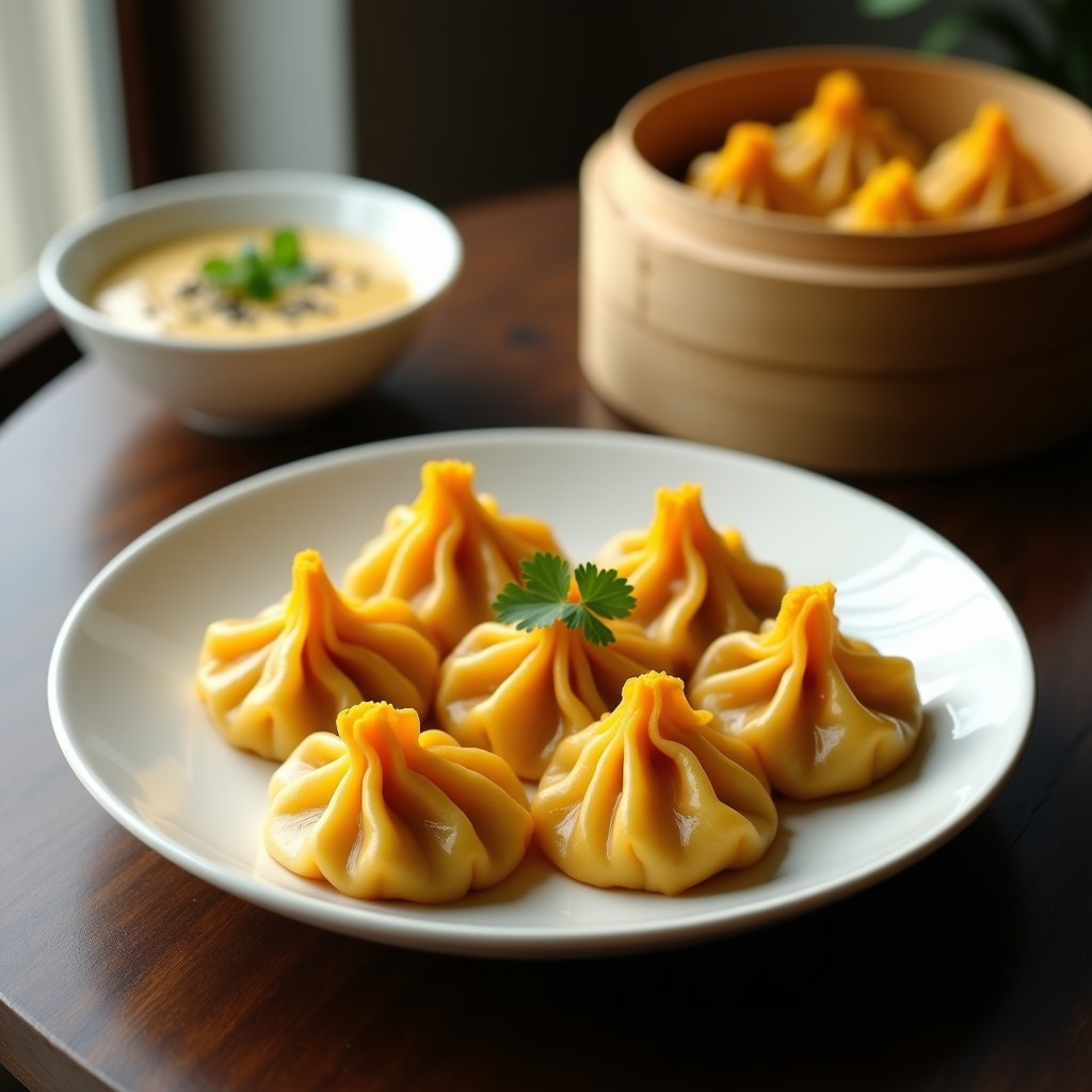 Plato blanco con gyoza de jackfruit y cúrcuma al vapor, dorados y brillantes, servidos con salsa de sésamo y limón espesa. Decorados con semillas de sésamo negro y hojas de cilantro fresco. Fondo minimalista con vapor visible.