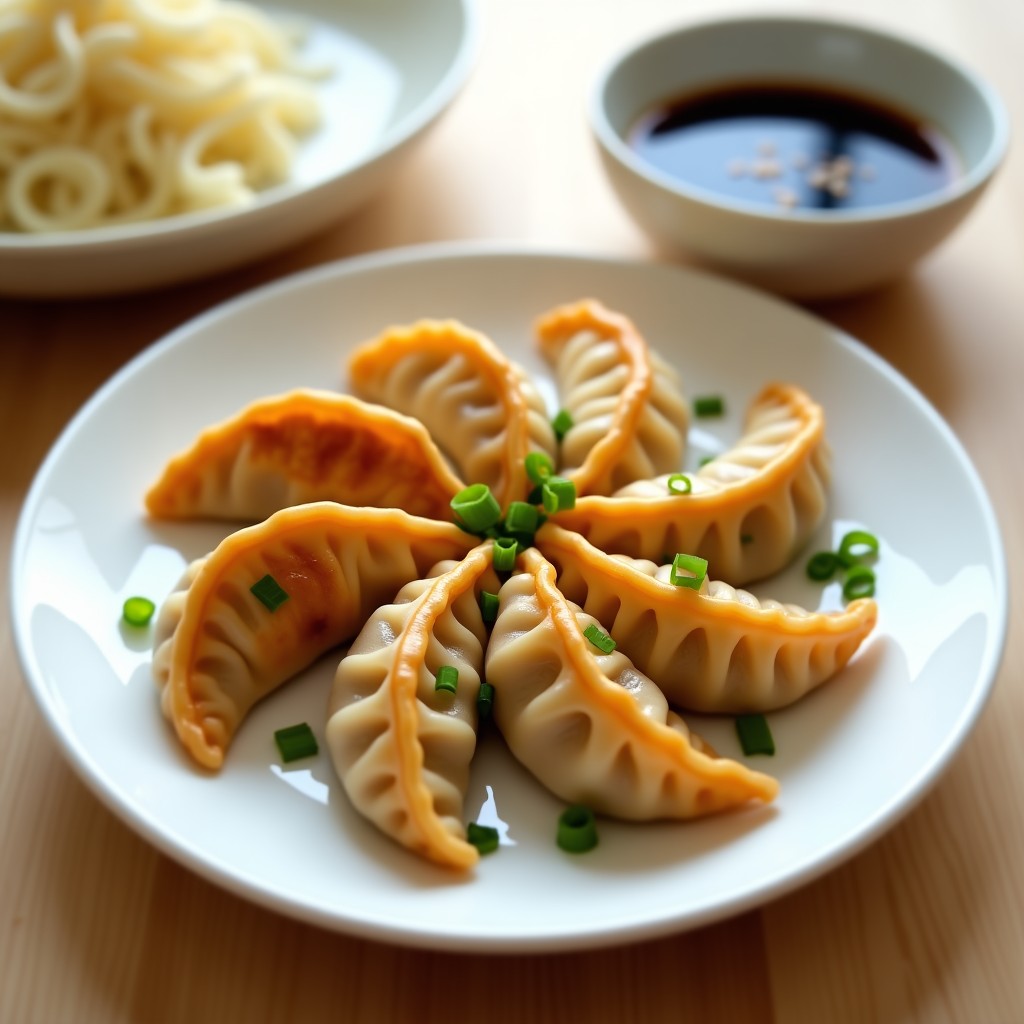 Plato blanco con gyoza japoneses dorados y crujientes, servidos con salsa de soja y decorados con cebolla verde, receta en airfryer sin aceite.