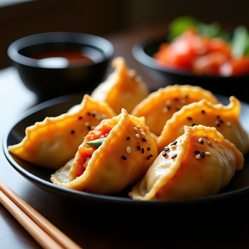 Gyoza vegana de kimchi y tofu doradas y crujientes en una fuente de cerámica negra, con semillas de sésamo espolvoreadas. Plato típico coreano servido con salsa de soja y palillos al lado.