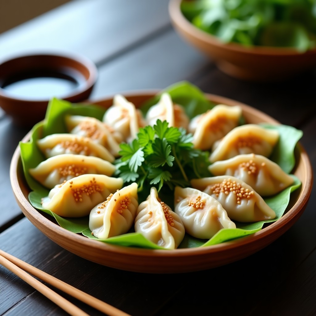 Plato de bambú con gyozas de pollo y cilantro al vapor, dispuestas en círculo sobre hoja de repollo napa, con salsa de soja y semillas de sésamo espolvoreadas, receta japonesa en olla exprés.