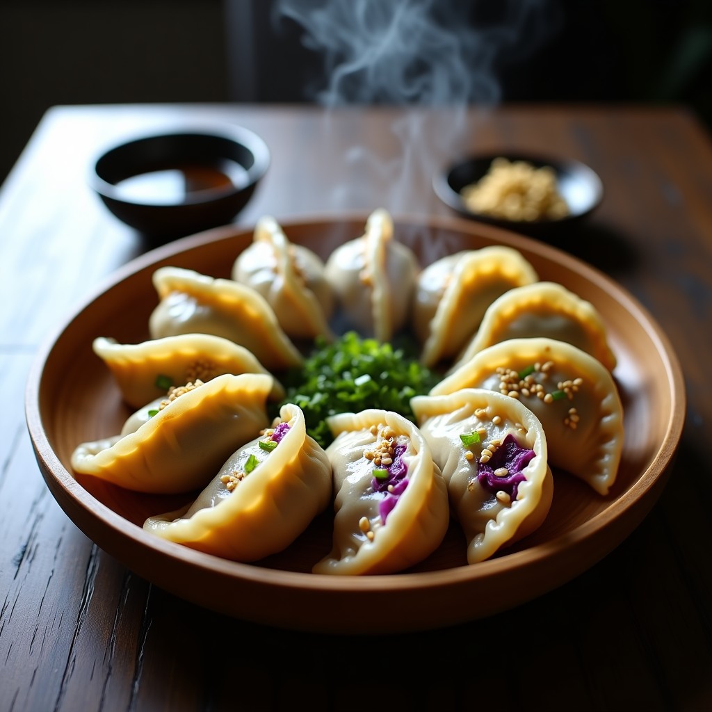 Gyoza japonesas veganas al vapor con relleno de setas shiitake y repollo morado, dispuestas en un plato de bambú con semillas de sésamo y cebollino, receta tradicional casera.