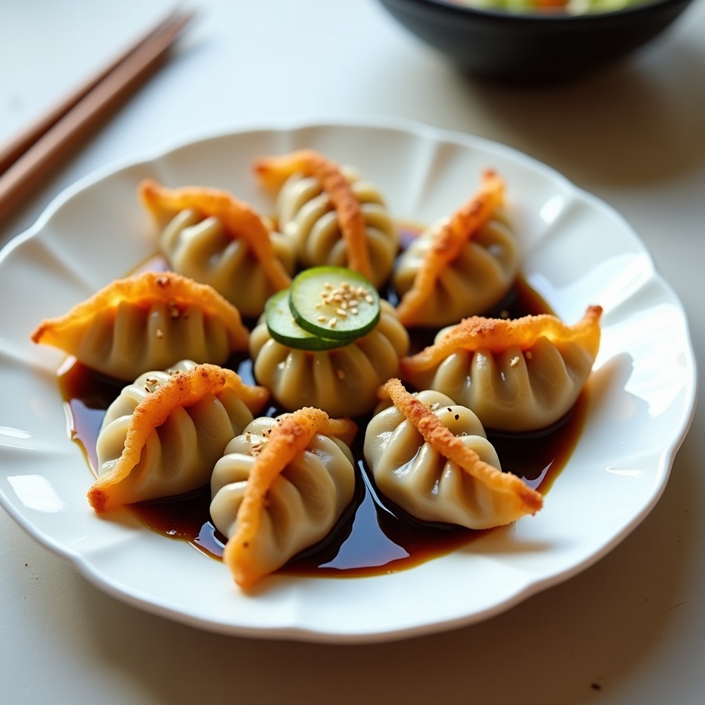 Plato de gyoza veganas de repollo y zanahoria doradas por la base, servidas en un plato de cerámica negra con salsa de soja y jengibre al lado, decoradas con semillas de sésamo y rodajas de jengibre fresco.