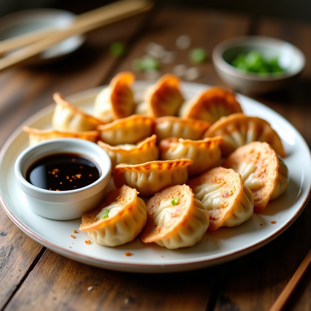 Bandeja de gyoza veganas doradas y crujientes en airfryer, con relleno de tofu ahumado y hongos shiitake, servidas con salsa de soja y semillas de sésamo.