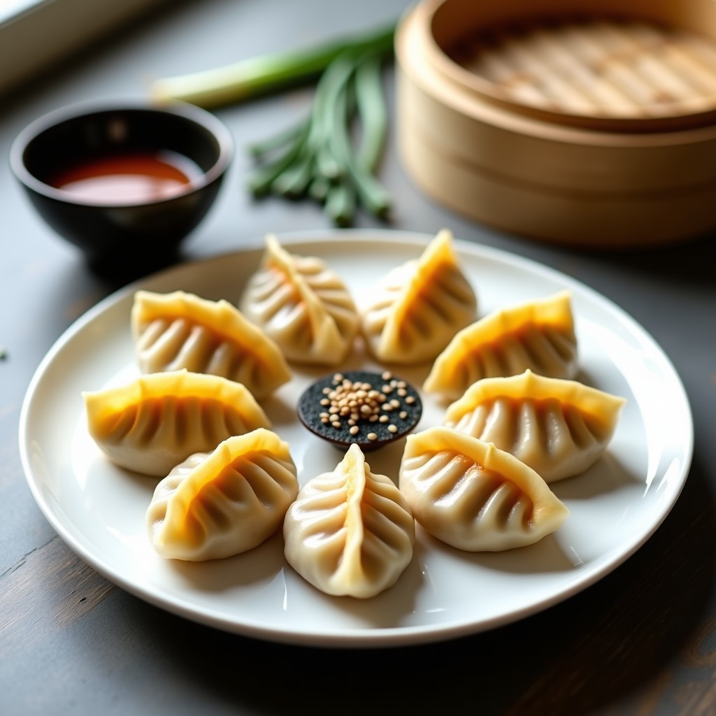 Plato blanco con gyoza veganas de kimchi y tofu al vapor, dispuestas en círculo con pliegues perfectos, acompañadas de salsa umami oscura en un bol pequeño y decoradas con semillas de sésamo y tiras de nori.
