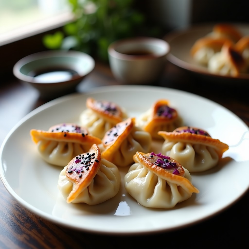 Plato blanco con gyoza veganas de repollo morado y shitake doradas por debajo, servidas con salsa de soja y semillas de sésamo negro, receta japonesa en sartén antiadherente.