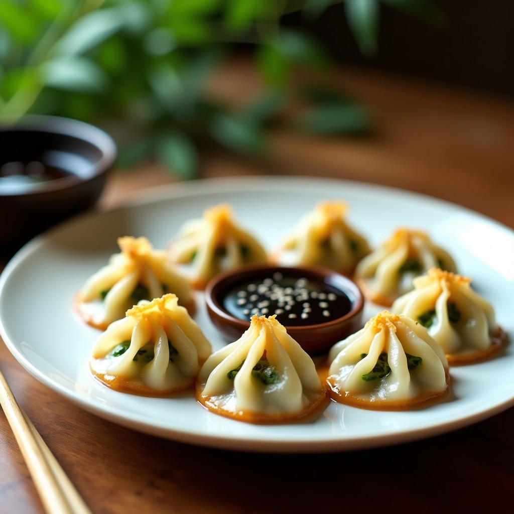 Plato blanco con gyoza veganos de shiitake y col rizada al vapor, dispuestos en círculo con salsa umami casera en un cuenco pequeño al lado, decorados con semillas de sésamo negro y hojas de col rizada.