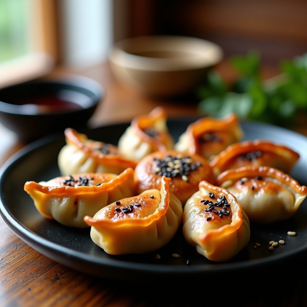 Gyozas veganos de col morada y hongos shiitake dorados y crujientes en Airfryer, con pliegues perfectos y semillas de sésamo negro espolvoreadas, servidos en un plato de cerámica negra con salsa de soja al lado.
