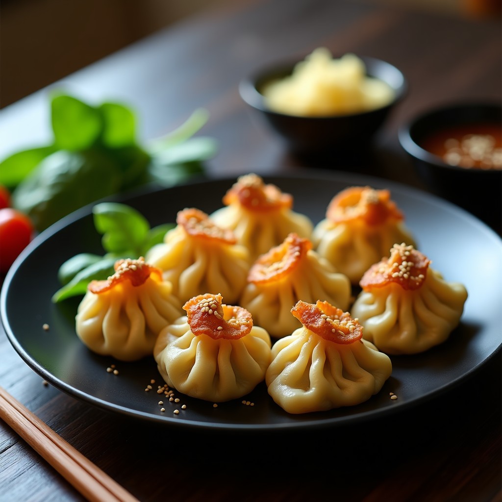 Gyozas doradas y crujientes de espinaca y tofu fritas en airfryer, dispuestas en un plato de madera con semillas de sésamo y salsa de soja sin gluten al lado, aperitivo japonés sin gluten.