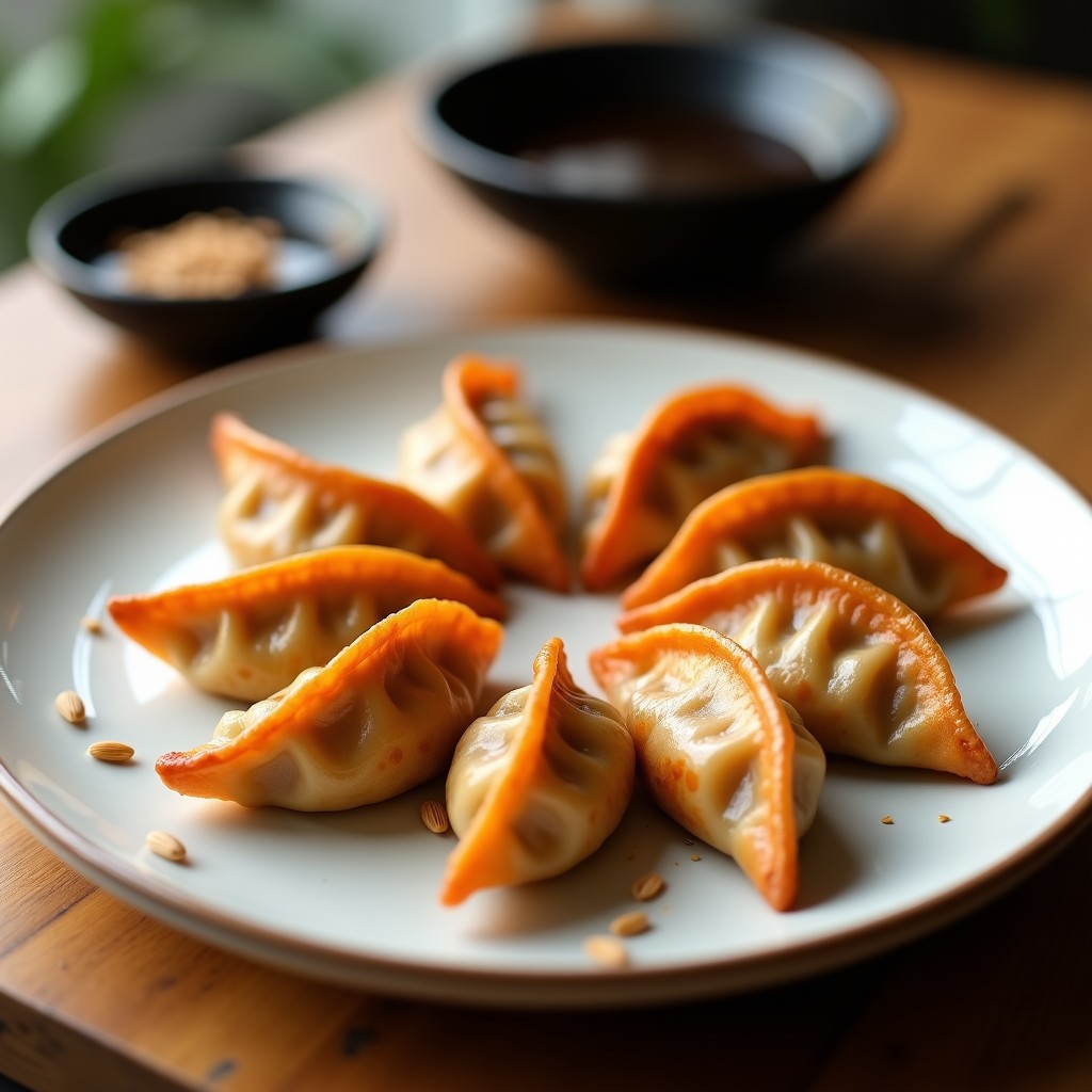 Plato blanco con gyozas veganas de hongos shiitake y kimchi doradas y crujientes, dispuestas en círculo sobre papel de horno. Al fondo, semillas de sésamo tostadas y una salsa oscura para mojar. Receta coreana en airfryer sin aceite.
