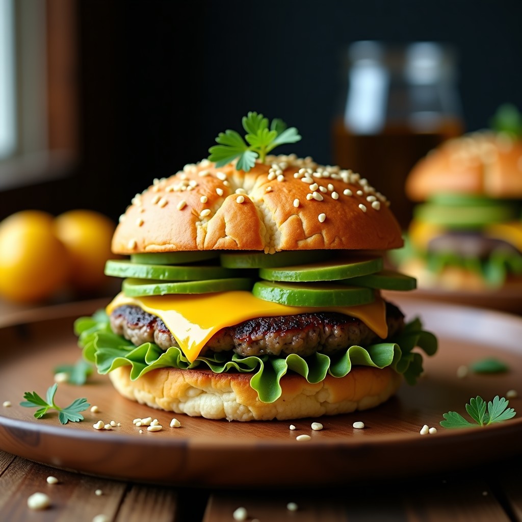 Hamburguesa keto y sin gluten con pan de coliflor dorado, rellena de jugosa hamburguesa de almendras y champiñones portobello, aguacate cremoso y lechuga fresca, servida en plato rústico con fondo de madera.