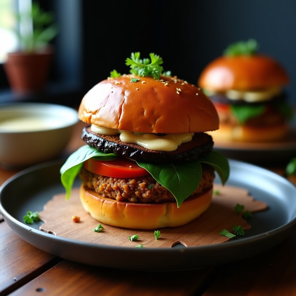 Hamburguesa vegana sin gluten con pan de batata dorado, rellena de berenjena ahumada en rodajas, mezcla de lentejas rojas especiadas, hojas de espinaca fresca, tomate y salsa de tahini, servida en un plato rústico con fondo de madera oscura.